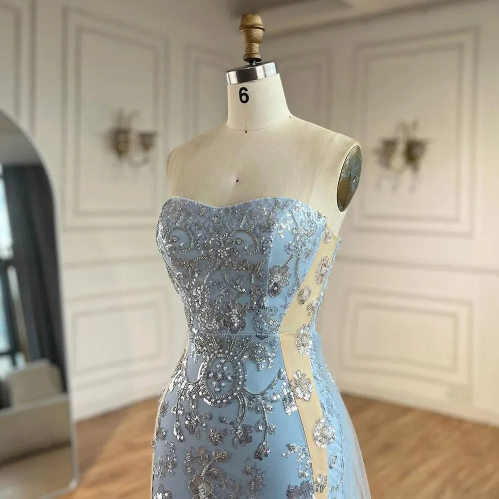 2025 Arabic Blue Strapless Mermaid Luxury Evening Gown with Tulle Overskirt Beaded Dress for Women's Party LA72639