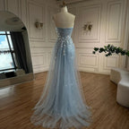 2025 Arabic Blue Strapless Mermaid Luxury Evening Gown with Tulle Overskirt Beaded Dress for Women's Party LA72639