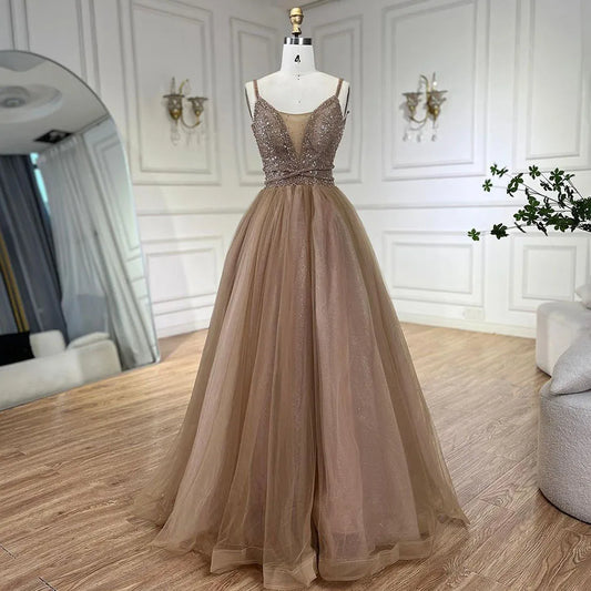 2025 Arabic Carame A Line Spaghetti Strap Beaded Luxury Dubai Evening Dresses Gowns For Women Wedding Party LA70495