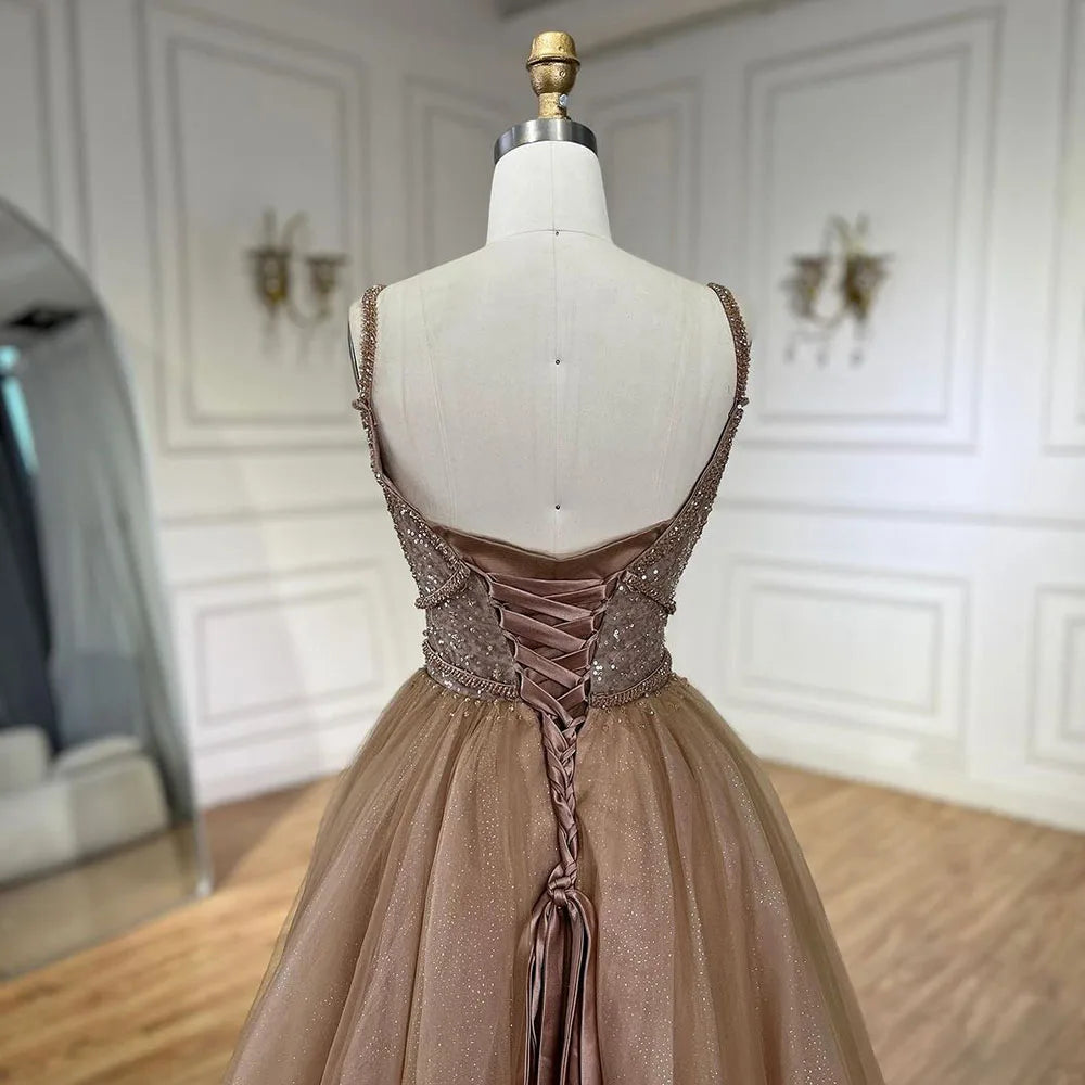 2025 Arabic Carame A Line Spaghetti Strap Beaded Luxury Dubai Evening Dresses Gowns For Women Wedding Party LA70495