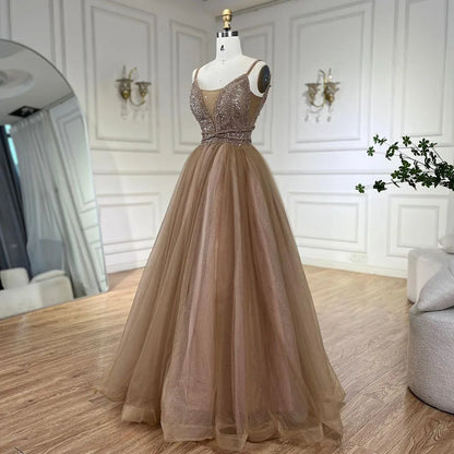 2025 Arabic Carame A Line Spaghetti Strap Beaded Luxury Dubai Evening Dresses Gowns For Women Wedding Party LA70495