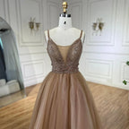 2025 Arabic Carame A Line Spaghetti Strap Beaded Luxury Dubai Evening Dresses Gowns For Women Wedding Party LA70495