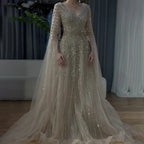 Vestido de noche largo elegante de corte A con cuentas, color caramelo árabe, con mangas estilo capa para ocasiones formales LA72750 