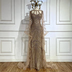 2025 Arabic Caramel Mermaid Evening Dress with Beaded Elegant Cape Sleeves Gown for Formal Occasion LA72708