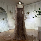 2025 Arabic Caramel Mermaid Evening Dress with Beaded Elegant Cape Sleeves Gown for Formal Occasion LA72708