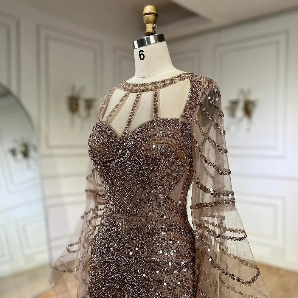 2025 Arabic Caramel Mermaid Evening Dress with Beaded Elegant Cape Sleeves Gown for Formal Occasion LA72708