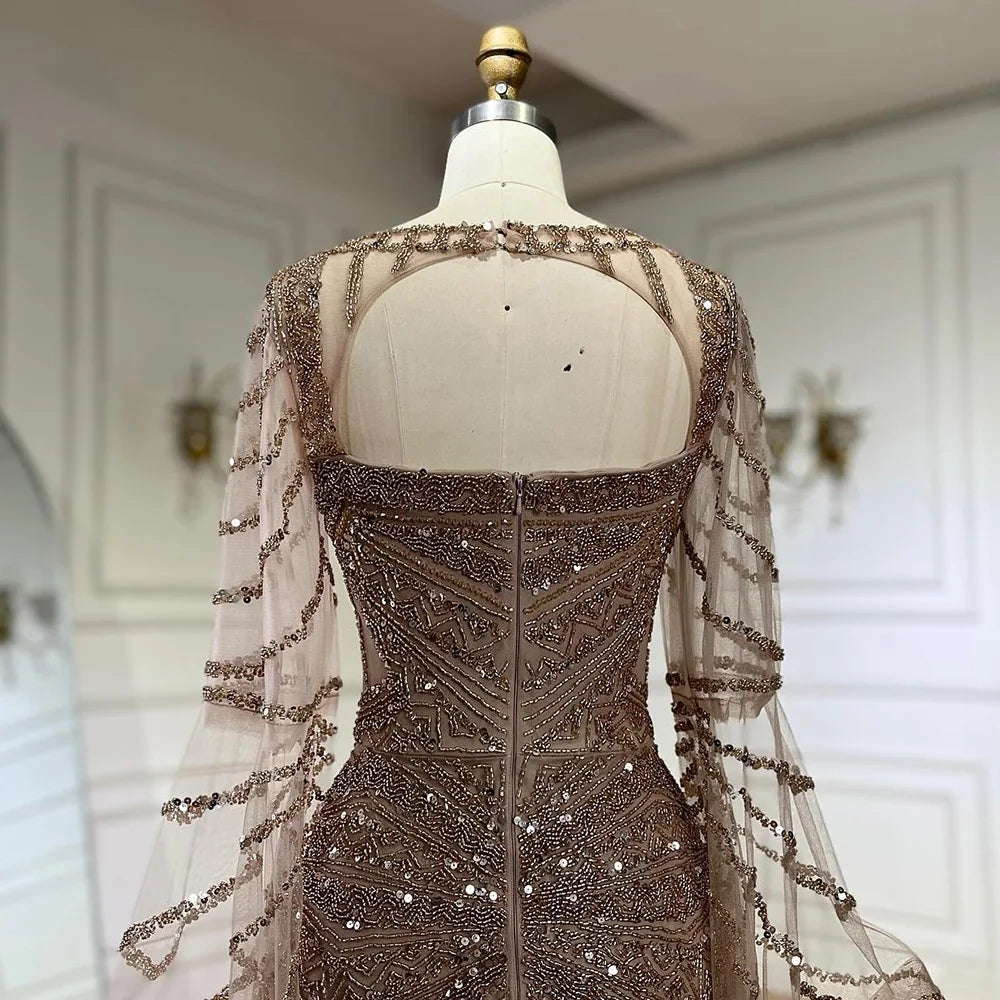 2025 Arabic Caramel Mermaid Evening Dress with Beaded Elegant Cape Sleeves Gown for Formal Occasion LA72708