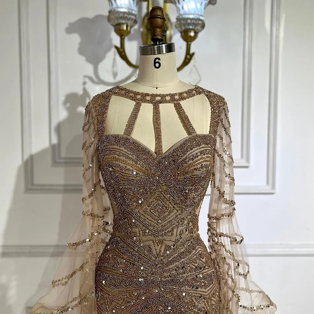 2025 Arabic Caramel Mermaid Evening Dress with Beaded Elegant Cape Sleeves Gown for Formal Occasion LA72708