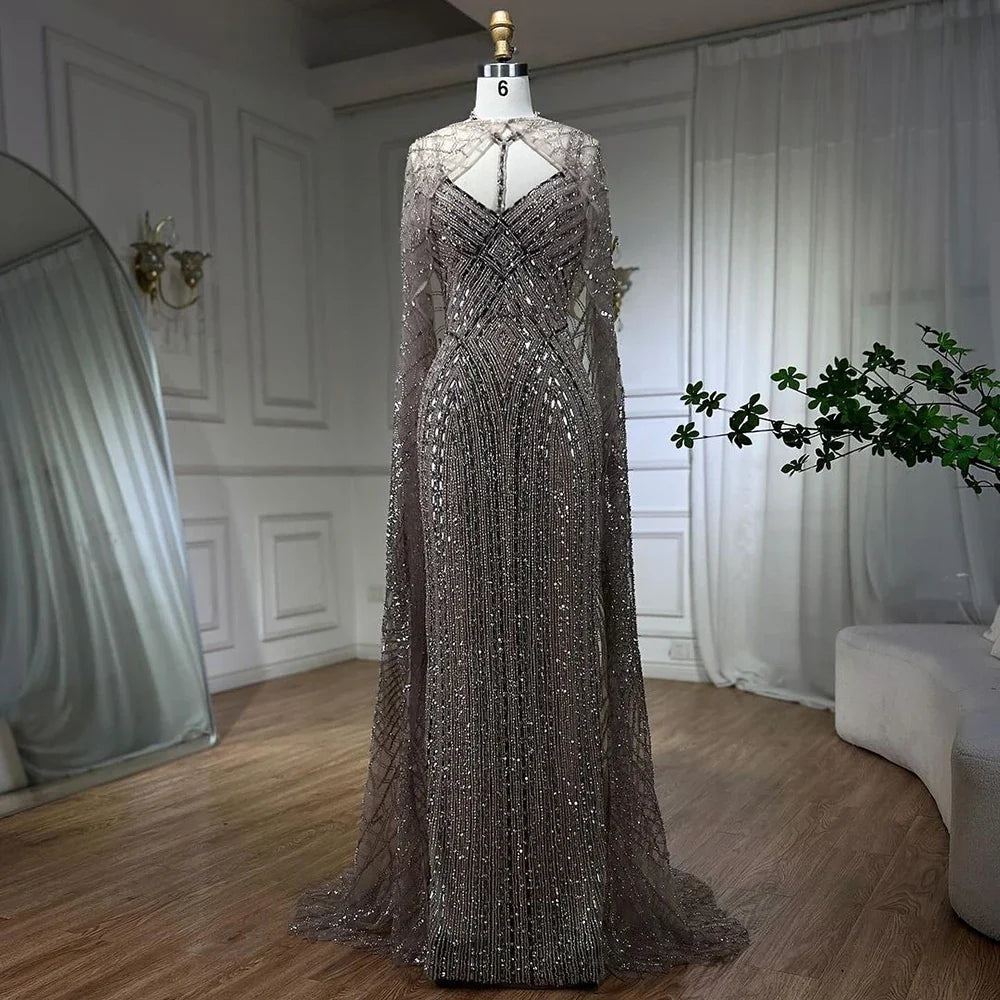 2025 arabisch Karamell Meerjungfrau Langen Mantel Perlen Dubai Luxus Abendkleider Kleider für Frauen Hochzeit Party LA72053B 