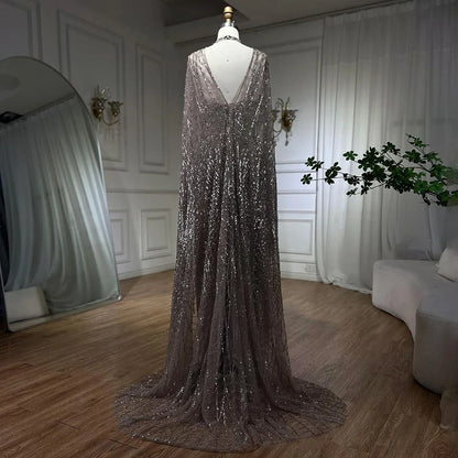 2025 Arabic Caramel Mermaid Long Cloak Beaded Dubai Luxury Evening Dresses Gowns for Women Wedding Party LA72053B