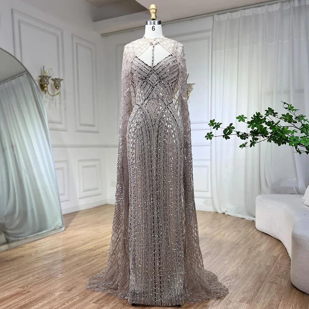 2025 Arabic Caramel Mermaid Long Cloak Beaded Dubai Luxury Evening Dresses Gowns for Women Wedding Party LA72053B
