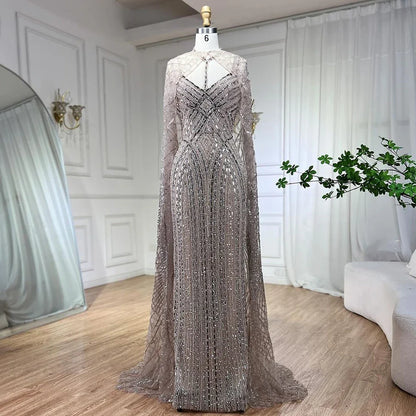 2025 Arabic Caramel Mermaid Long Cloak Beaded Dubai Luxury Evening Dresses Gowns for Women Wedding Party LA72053B