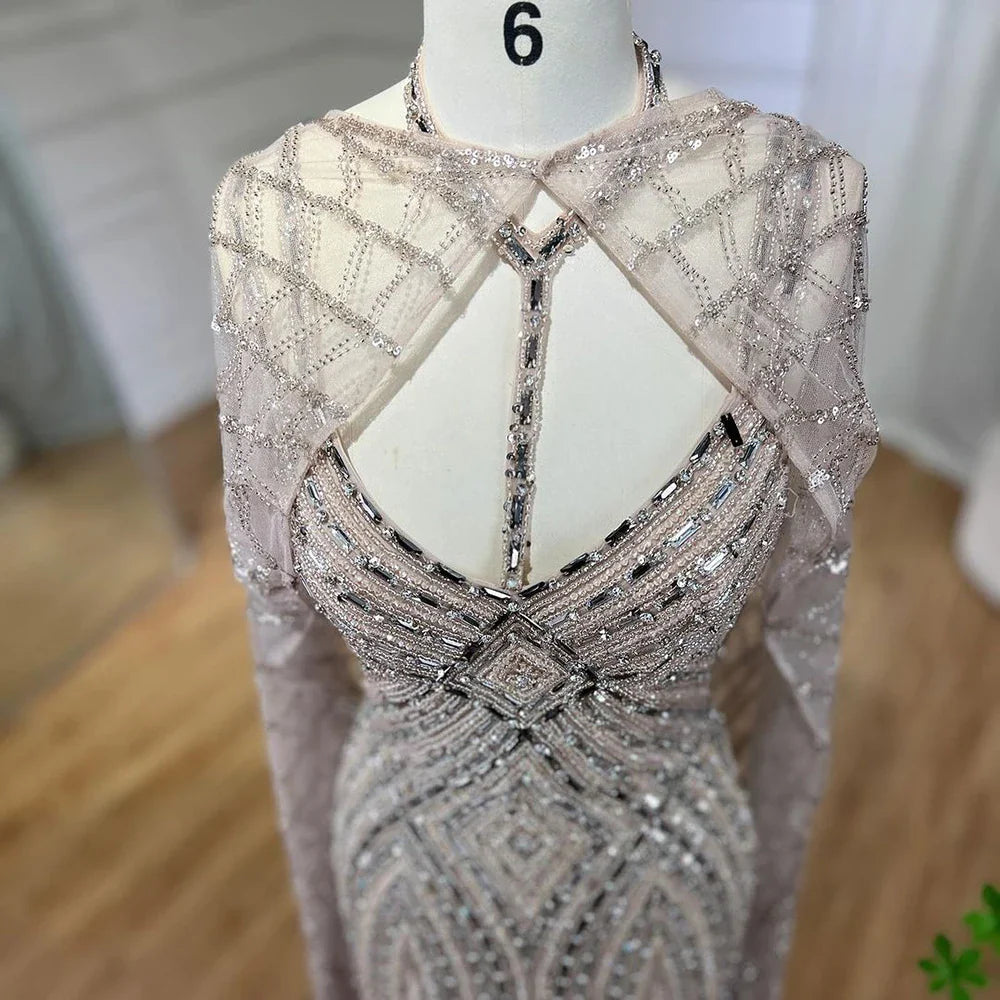 2025 arabisch Karamell Meerjungfrau Langen Mantel Perlen Dubai Luxus Abendkleider Kleider für Frauen Hochzeit Party LA72053B 