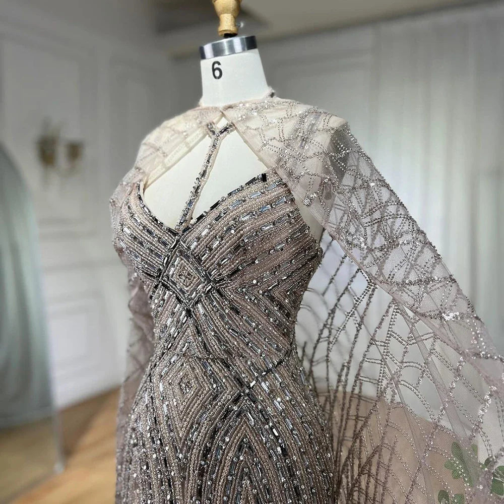 2025 arabisch Karamell Meerjungfrau Langen Mantel Perlen Dubai Luxus Abendkleider Kleider für Frauen Hochzeit Party LA72053B 