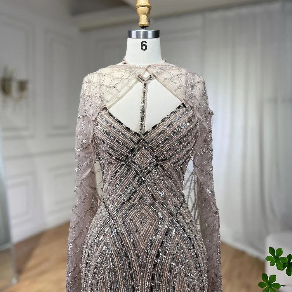 2025 arabisch Karamell Meerjungfrau Langen Mantel Perlen Dubai Luxus Abendkleider Kleider für Frauen Hochzeit Party LA72053B 