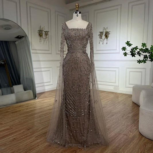 2025 Arabic Caramel Mermaid Long Evening Dress with Beaded Cape Sleeves | Gown for Women's Wedding Party LA72400A