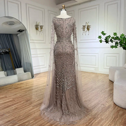 2025 Arabic Caramel Mermaid Long Evening Dress with Beaded Cape Sleeves | Gown for Women's Wedding Party LA72400A