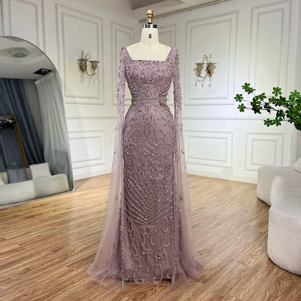 2025 Arabic Caramel Mermaid Long Evening Dress with Beaded Cape Sleeves | Gown for Women's Wedding Party LA72400A