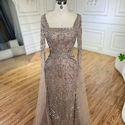 2025 Arabic Caramel Mermaid Long Evening Dress with Beaded Cape Sleeves | Gown for Women's Wedding Party LA72400A