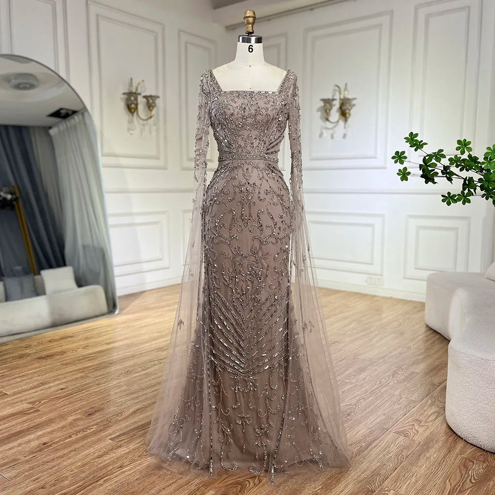 2025 Arabic Caramel Mermaid Long Evening Dress with Beaded Cape Sleeves | Gown for Women's Wedding Party LA72400A