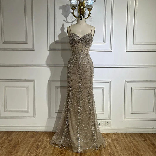 2025 Arabic Caramel Spaghetti Strap Mermaid Lace-Up Evening Gown Beaded Dress for Women's Party LA72645