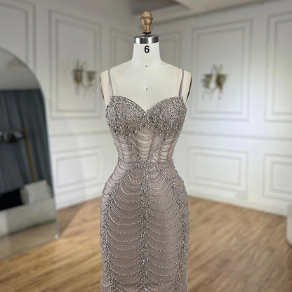 2025 Arabic Caramel Spaghetti Strap Mermaid Lace-Up Evening Gown Beaded Dress for Women's Party LA72645