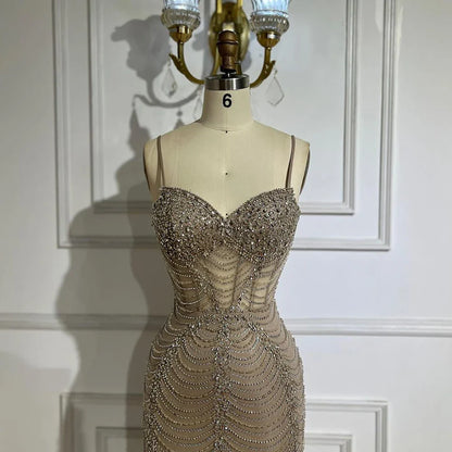 2025 Arabic Caramel Spaghetti Strap Mermaid Lace-Up Evening Gown Beaded Dress for Women's Party LA72645
