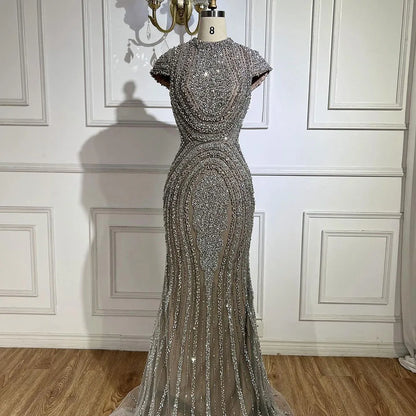Luxus-Designer Dubai Silber Nude Arabische Abendkleider LA72344