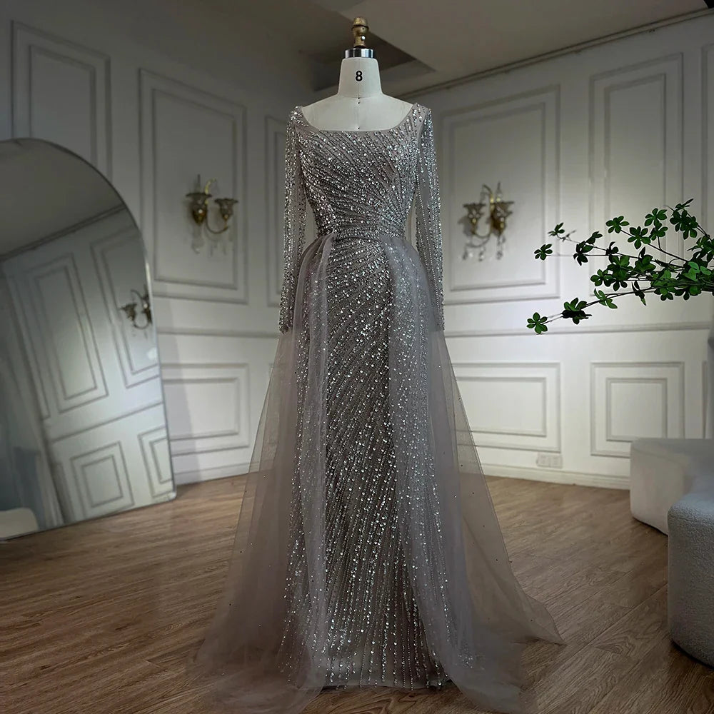 2025 Arabic Dubai Silver Gray Mermaid Detachable Skirt Beaded Luxury Evening Dresses Gowns for Women Party LA71618L