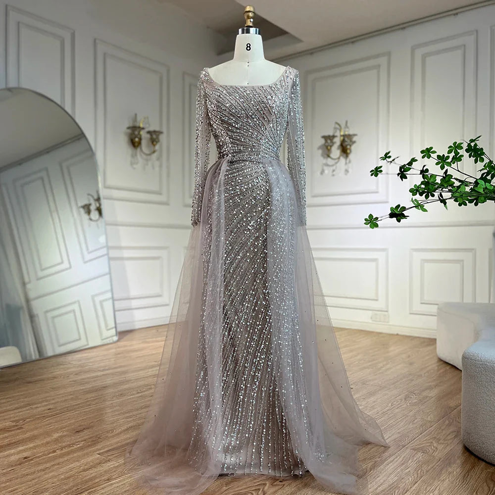 2025 Arabic Dubai Silver Gray Mermaid Detachable Skirt Beaded Luxury Evening Dresses Gowns for Women Party LA71618L