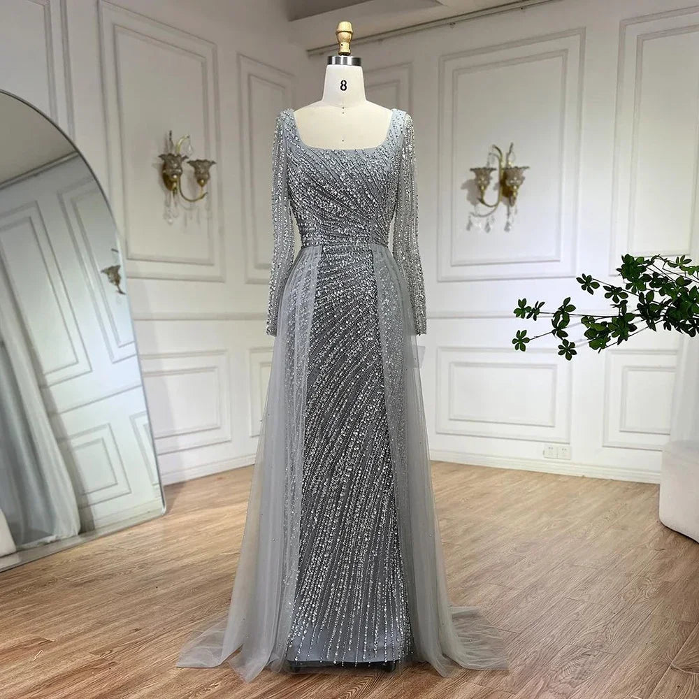 2025 Arabic Dubai Silver Gray Mermaid Detachable Skirt Beaded Luxury Evening Dresses Gowns for Women Party LA71618L