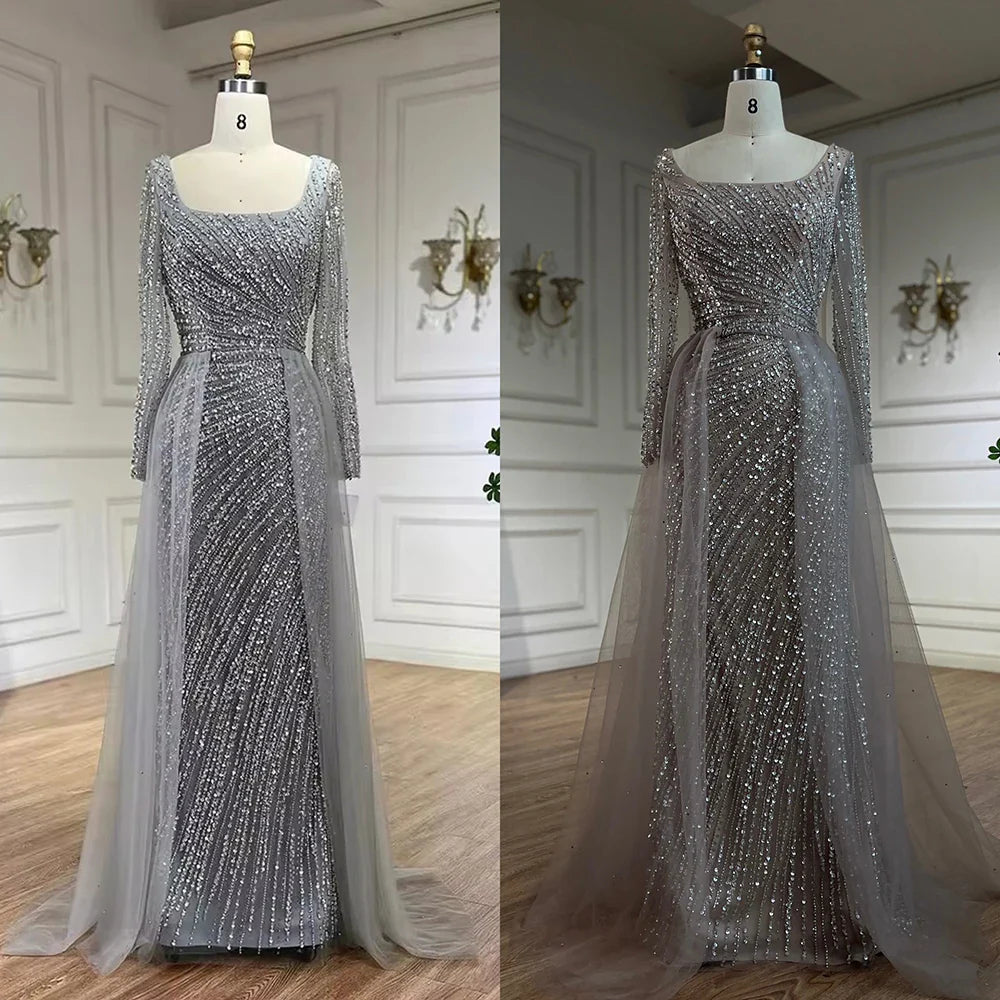 2025 Arabic Dubai Silver Gray Mermaid Detachable Skirt Beaded Luxury Evening Dresses Gowns for Women Party LA71618L