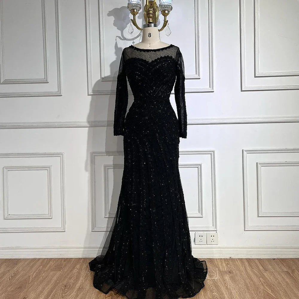2025 Arabic Elegant Black Mermaid Luxury Dubai Purple Evening Gown with Dress for Women's Party LA72656