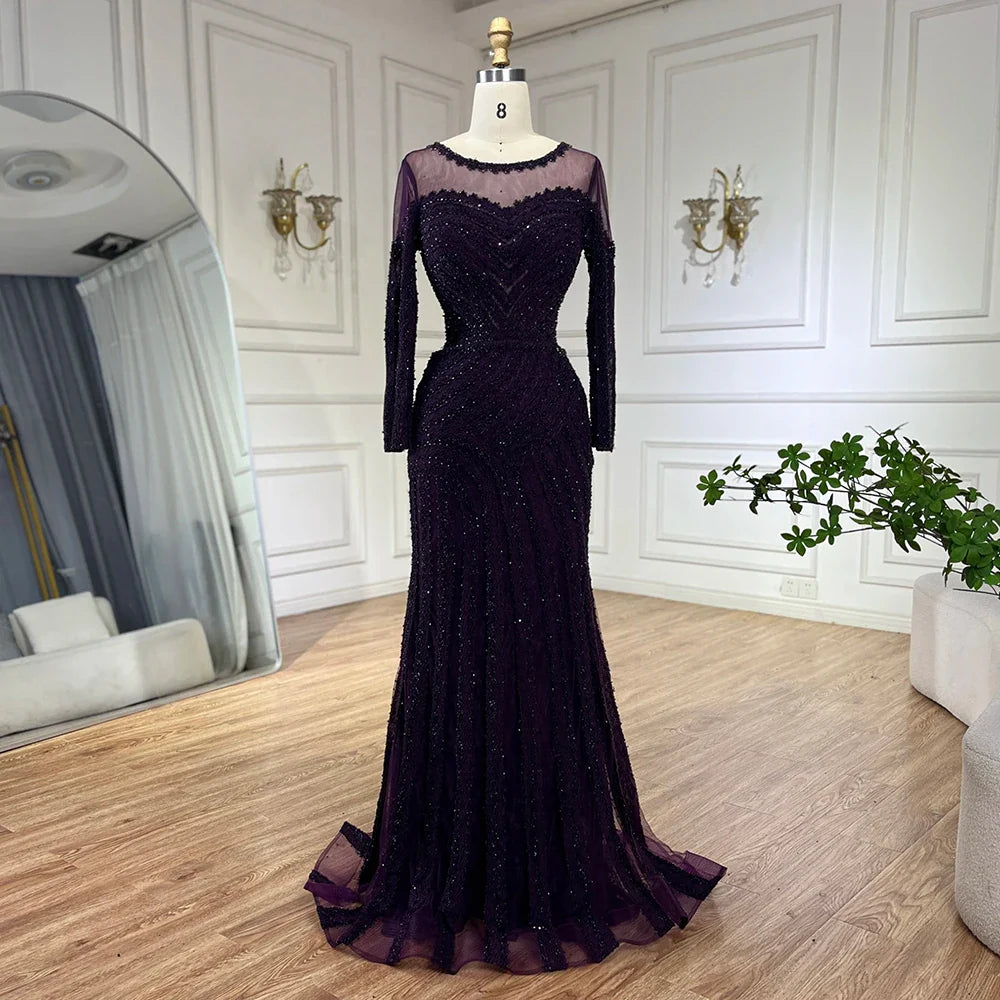 2025 Arabic Elegant Black Mermaid Luxury Dubai Purple Evening Gown with Dress for Women's Party LA72656