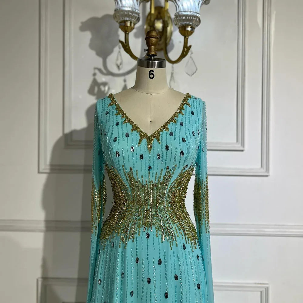 2025 Arabic Elegant Blue Cape Sleeves Beaded Mermaid Evening Gown for Women's Wedding Party LA72609