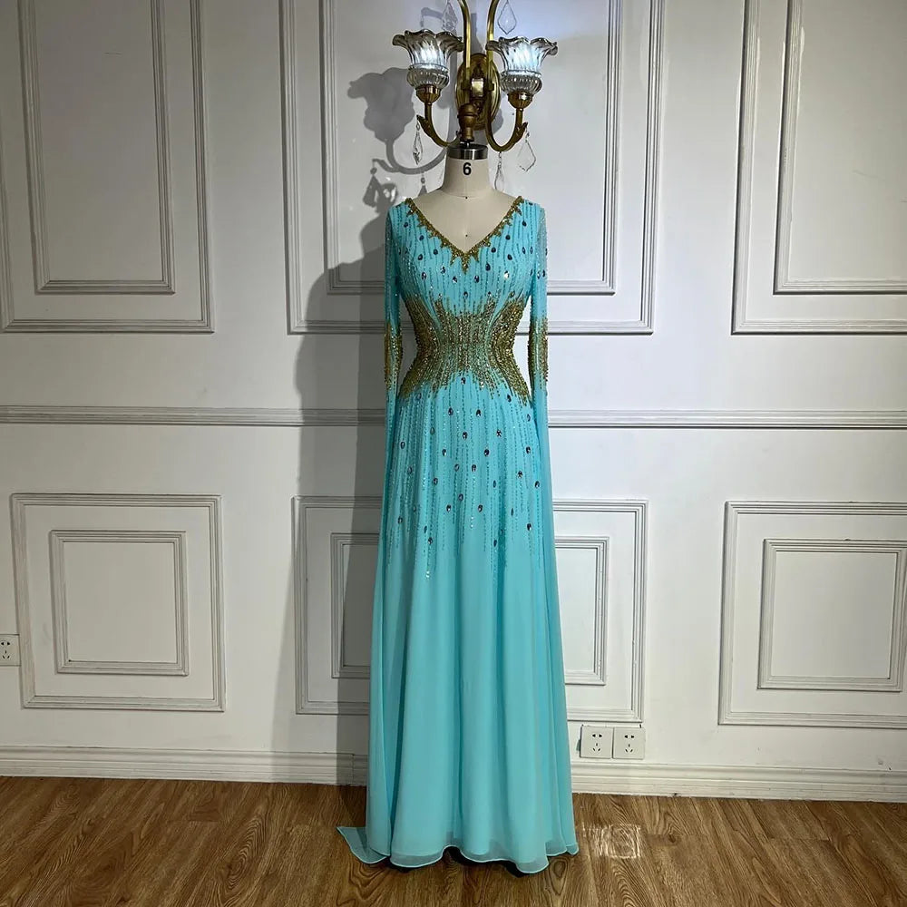 Vestido de noche elegante estilo sirena con mangas abullonadas y cuentas, estilo árabe, para boda, LA72609, 2025 