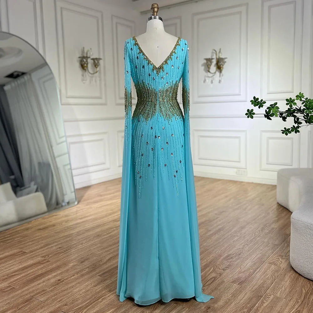 2025 Arabic Elegant Blue Cape Sleeves Beaded Mermaid Evening Gown for Women's Wedding Party LA72609