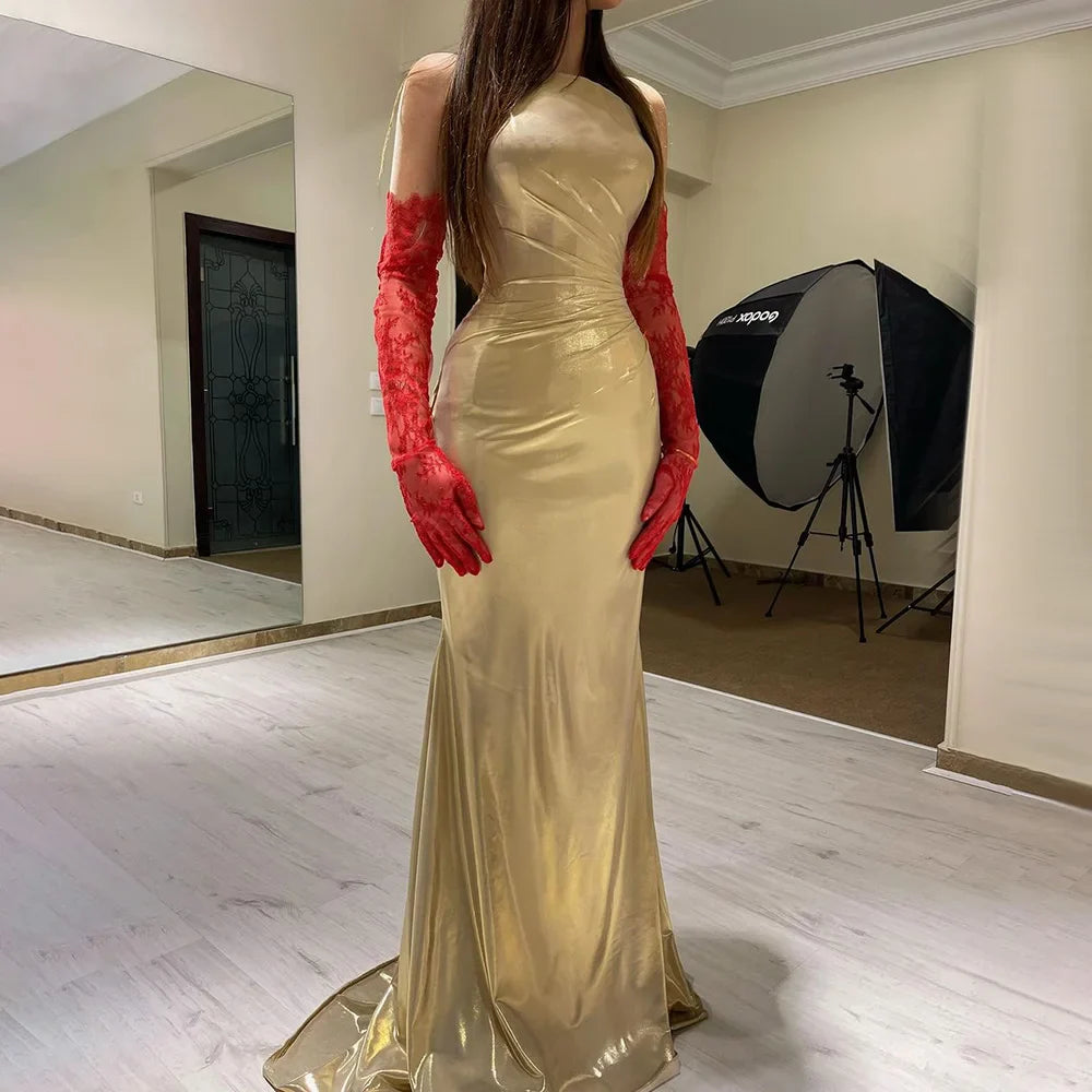 2025 Arabic Elegant Gold Strapless Mermaid Luxury Dubai Evening Gown for Women's Party LA72670