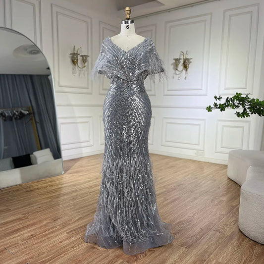 2025 Arabic Elegant Gray Mermaid Luxury Dubai Evening Gown with Feathers Beaded Dress for Women's Party LA71323A