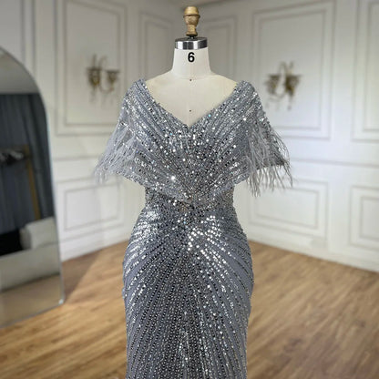 2025 Arabic Elegant Gray Mermaid Luxury Dubai Evening Gown with Feathers Beaded Dress for Women's Party LA71323A