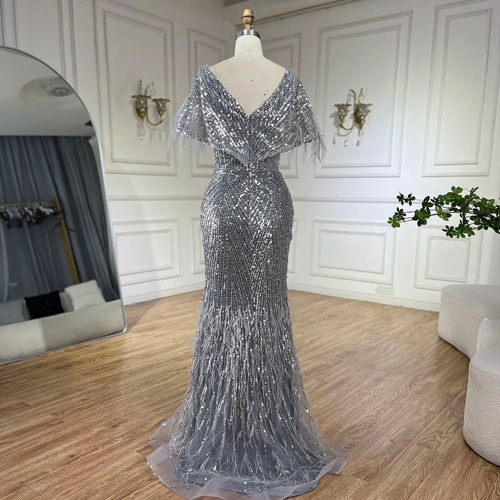 2025 Arabic Elegant Gray Mermaid Luxury Dubai Evening Gown with Feathers Beaded Dress for Women's Party LA71323A