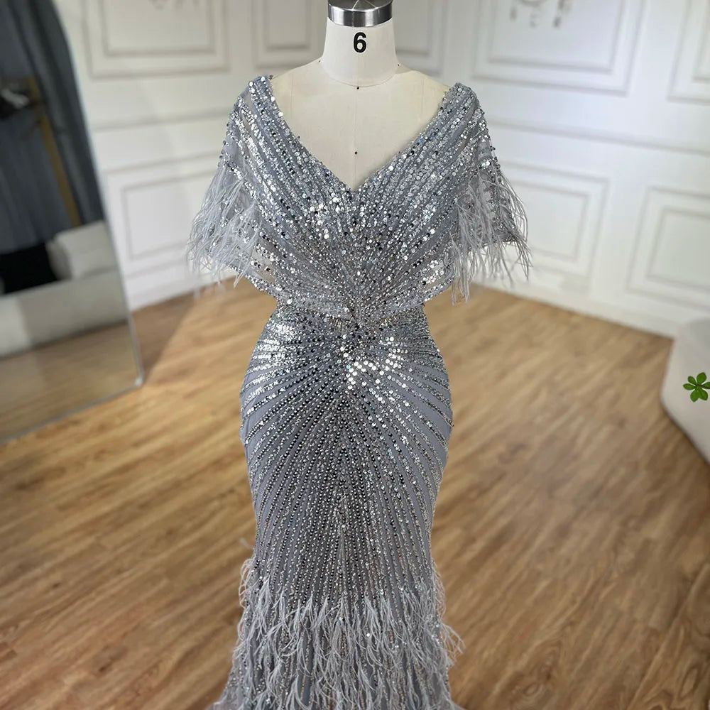 2025 Arabic Elegant Gray Mermaid Luxury Dubai Evening Gown with Feathers Beaded Dress for Women's Party LA71323A