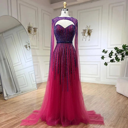 2025 Arabic Fuchsia Cape Sleeves A Line Beaded Evening Dresses Long Celebrity Gowns for Woman Wedding Party LA72433