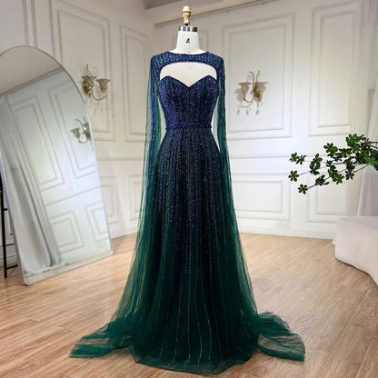 2025 Arabic Fuchsia Cape Sleeves A Line Beaded Evening Dresses Long Celebrity Gowns for Woman Wedding Party LA72433