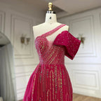 Vestido de noche árabe fucsia de lujo con un solo hombro, cuentas azules y falda lateral para fiesta femenina LA72664 