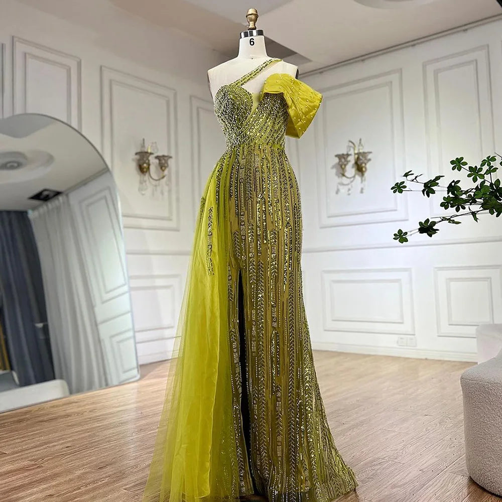 2025 Arabic Fuchsia One Shoulder Blue Beaded Luxury Dubai Evening Gowns with Side Skirt for Women's Party LA72664