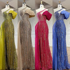 Vestido de noche árabe fucsia de lujo con un solo hombro, cuentas azules y falda lateral para fiesta femenina LA72664 