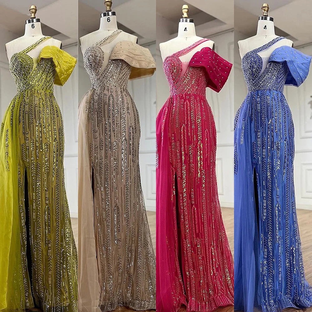 2025 Arabic Fuchsia One Shoulder Blue Beaded Luxury Dubai Evening Gowns with Side Skirt for Women's Party LA72664