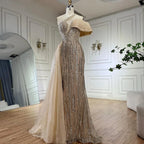 Vestido de noche árabe fucsia de lujo con un solo hombro, cuentas azules y falda lateral para fiesta femenina LA72664 