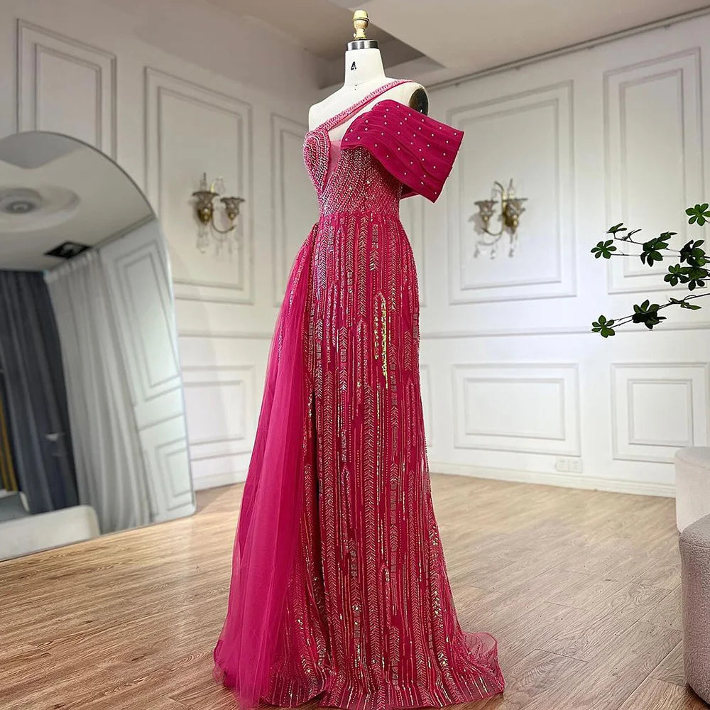 2025 Arabic Fuchsia One Shoulder Blue Beaded Luxury Dubai Evening Gowns with Side Skirt for Women's Party LA72664